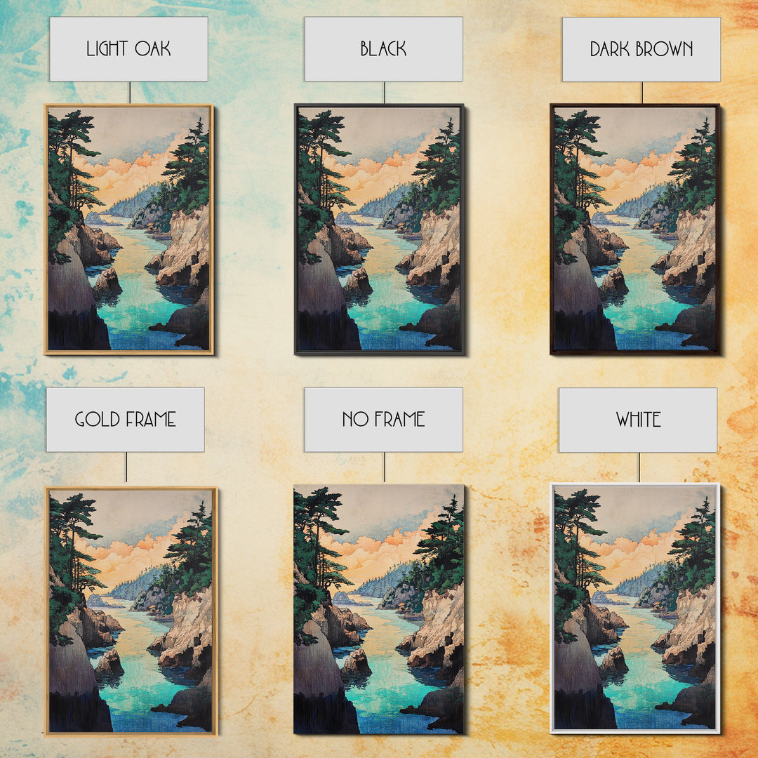 Turquoise Rocky Cove Wall Art, Japanese Coastal Landscape Print, Ocean Seascape Canvas Print, Serene Living Room Decor Gift