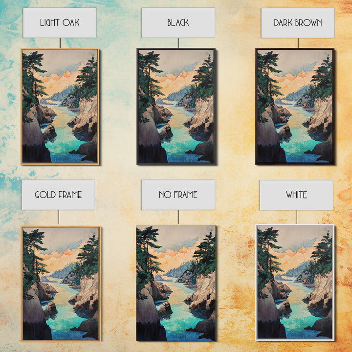 Turquoise Rocky Cove Wall Art, Japanese Coastal Landscape Print, Ocean Seascape Canvas Print, Serene Living Room Decor Gift