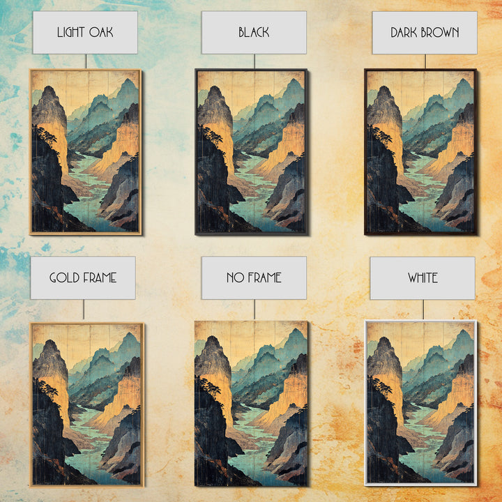 Turquoise Canyon River Mountains Wall Art, Japanese Landscape Print, Asian Inspired Travel Decor, Large Framed Canvas Print