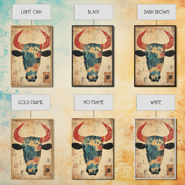 Distressed Turquoise Bull Head With Red Horns Wall Art, Western Tribal Canvas Print, Rustic Ranch Decor, Bold Animal Art