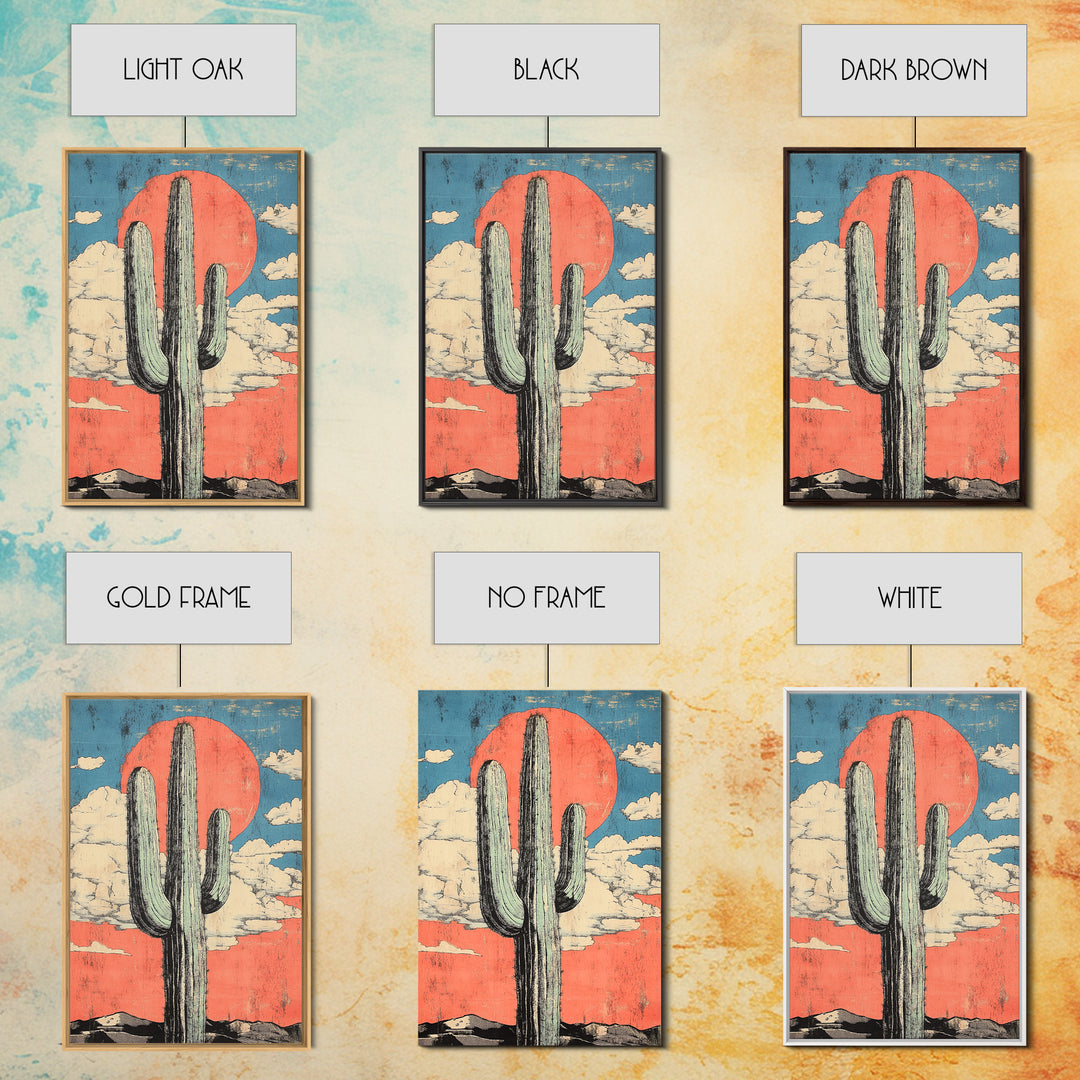Tall Saguaro Cactus With Coral Desert Sun Wall Art, Southwestern Canvas Print, Boho Western Decor, Arizona Landscape Art