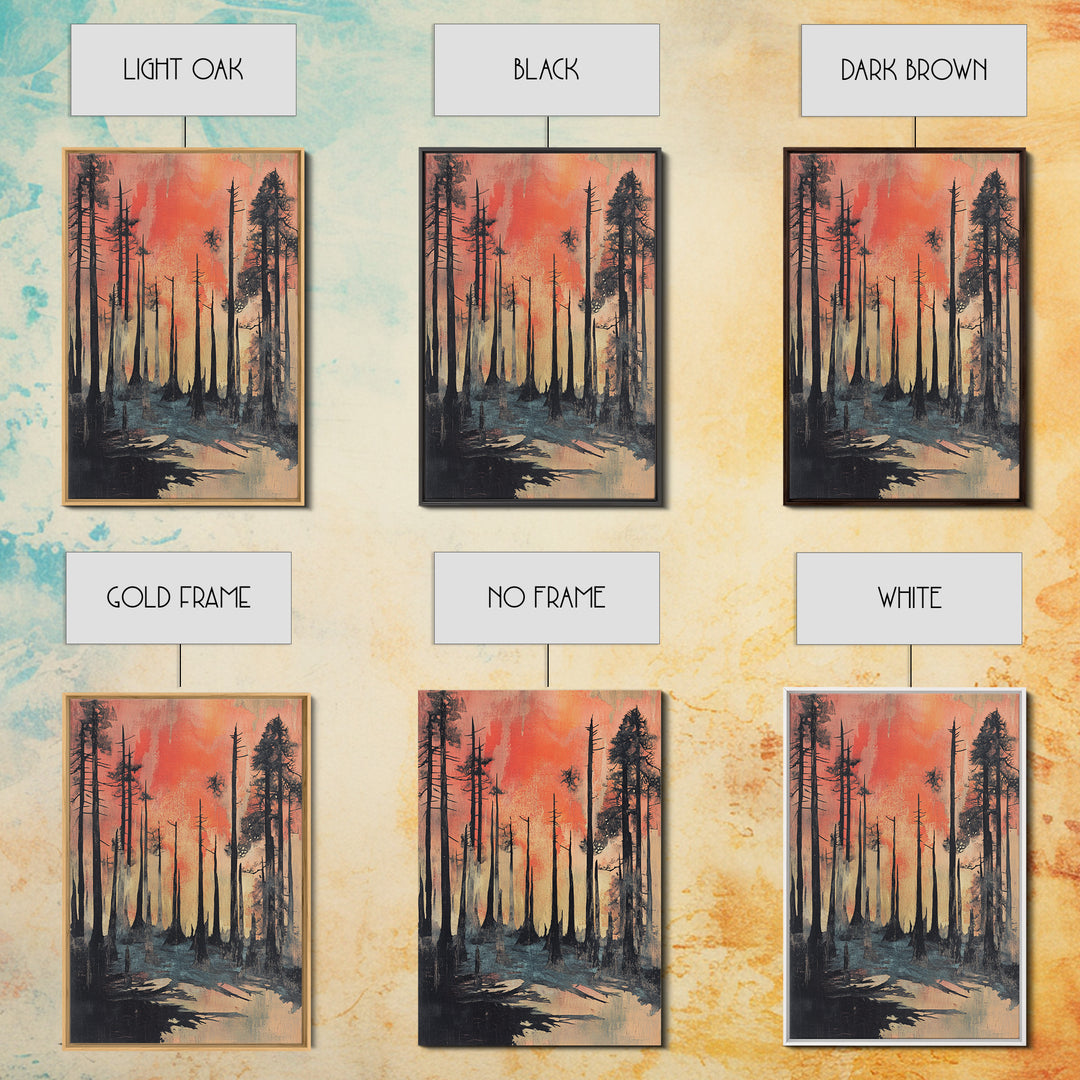Misty Burnt Pine Forest At Coral Sunset Wall Art, Moody Landscape Canvas Print, Rustic Nature Decor, Dramatic Woodland Art