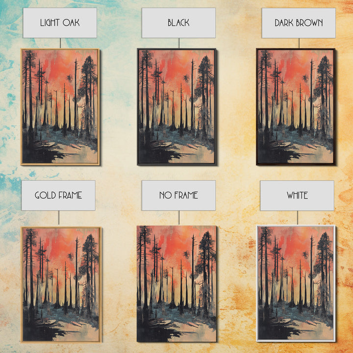 Misty Burnt Pine Forest At Coral Sunset Wall Art, Moody Landscape Canvas Print, Rustic Nature Decor, Dramatic Woodland Art