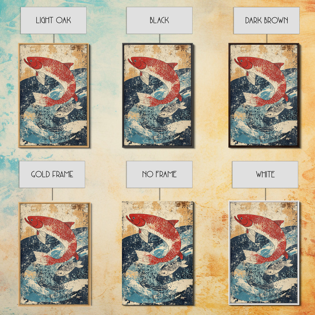 Red Koi Fish Swimming Through Blue Waves Wall Art, Japanese Canvas Print, Coastal Animal Decor, Feng Shui Living Room Art