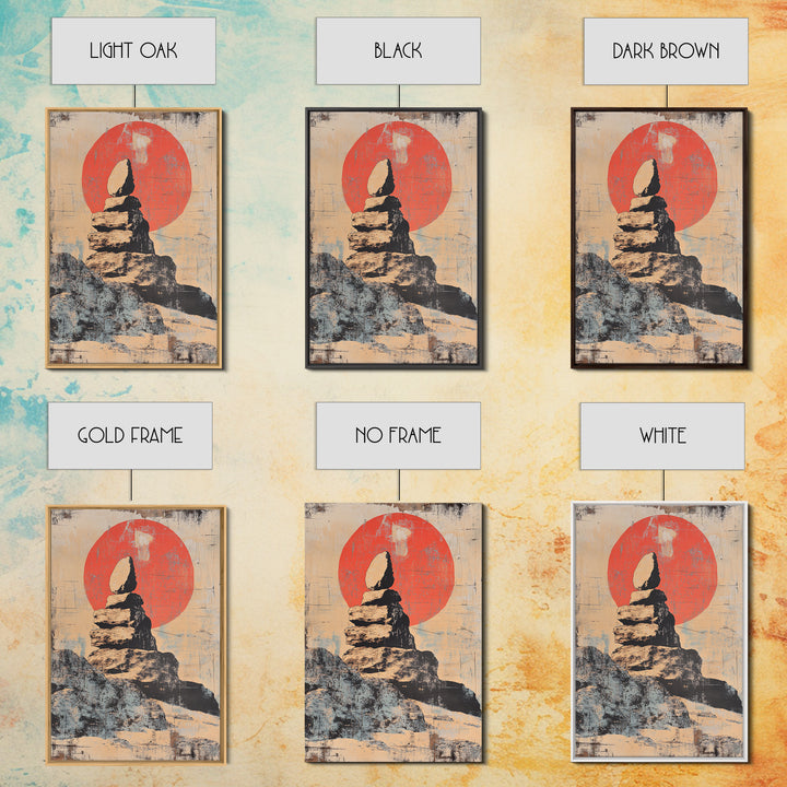 Balanced Zen Stones Before Red Sun Wall Art, Wabi Sabi Decor, Meditation Room Print, Minimalist Japanese Home Decor Gift