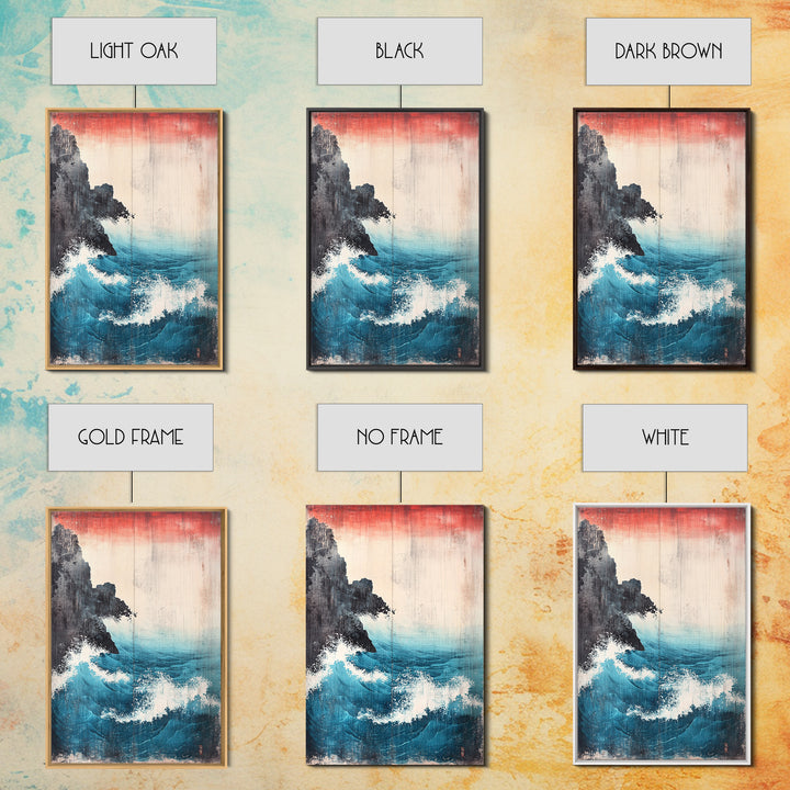 Dramatic Blue Wave And Cliff Canvas Print, Japanese Seascape Wall Decor, Coastal Ocean Art For Living Room Decor, Beach House Gift