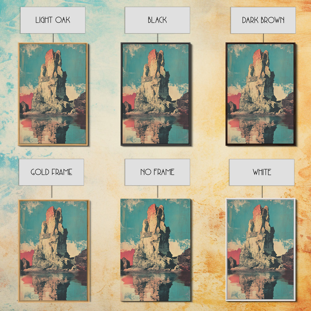 Turquoise Sea Stack Island At Sunset Wall Art, Retro Coastal Landscape Print, Ocean Rock Nature Decor, Modern Beach House