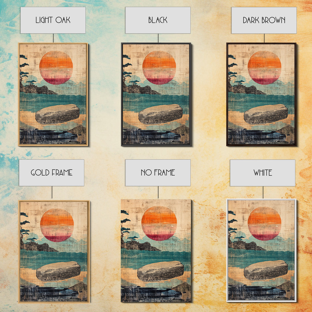 Floating Stone Over Teal Water At Sunset Canvas Print, Japandi Zen Wall Art, Minimalist Coastal Decor, Meditation Room Art
