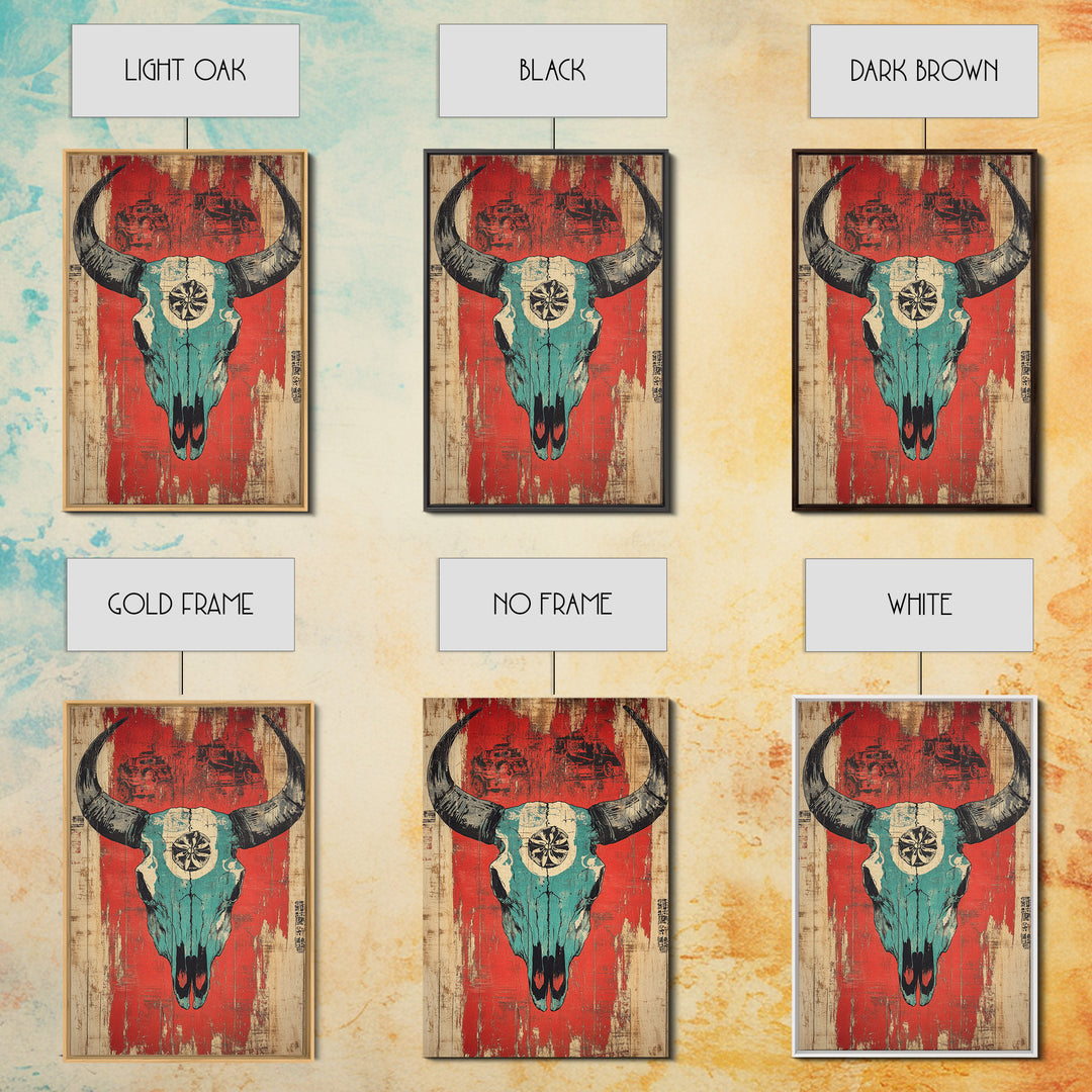Turquoise Bull Skull On Red Rustic Wood Wall Art, Western Wall Decor, Southwestern Canvas, Tribal Home Decor For Living Room