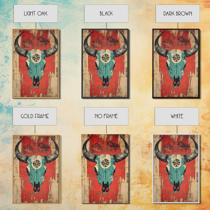 Turquoise Bull Skull On Red Rustic Wood Wall Art, Western Wall Decor, Southwestern Canvas, Tribal Home Decor For Living Room