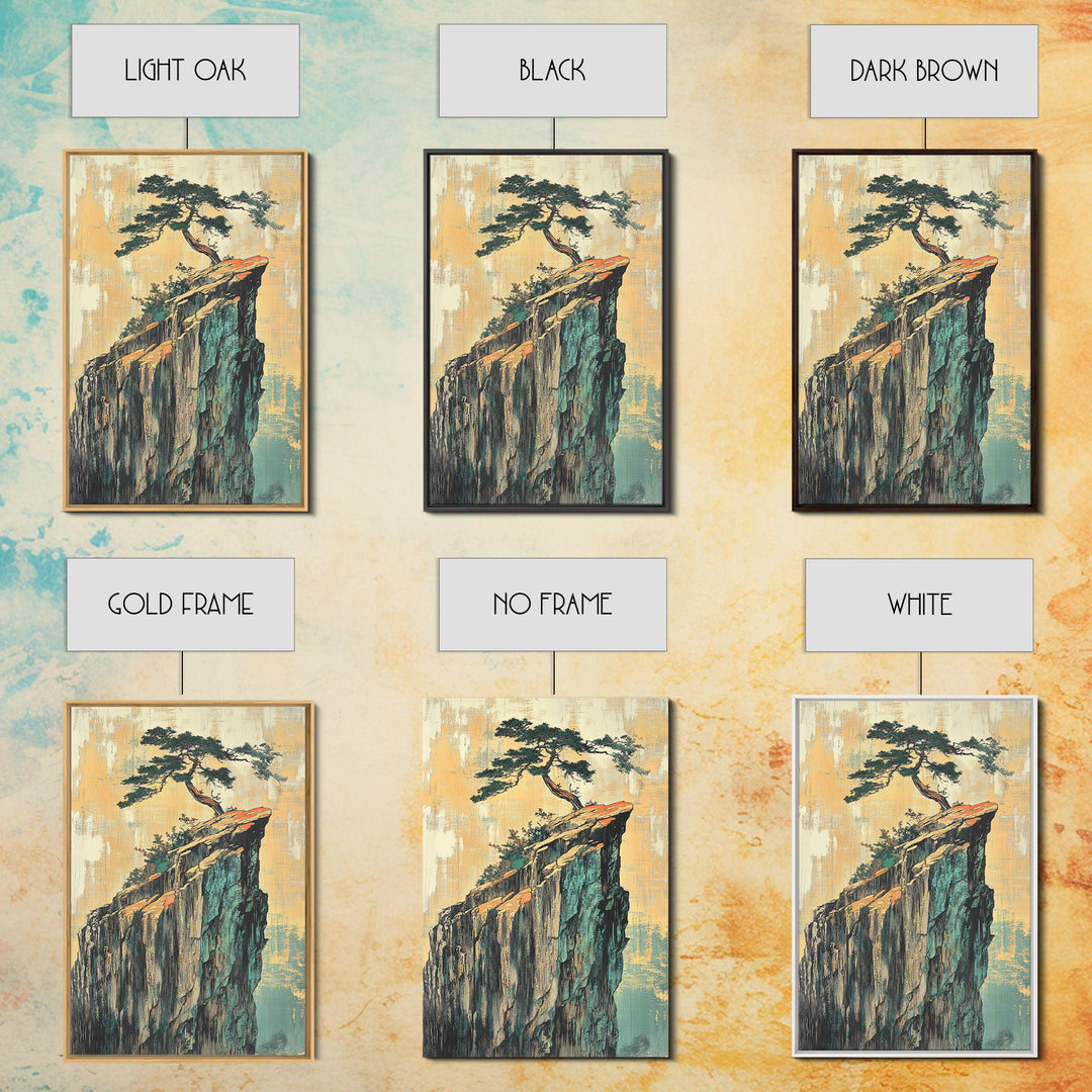 Lone Pine Tree On Sheer Cliff Wall Art, Japandi Landscape, Japanese Wall Decor, Serene Nature Canvas Print For Living Room