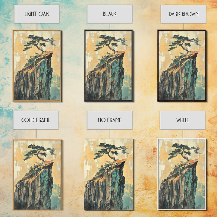 Lone Pine Tree On Sheer Cliff Wall Art, Japandi Landscape, Japanese Wall Decor, Serene Nature Canvas Print For Living Room