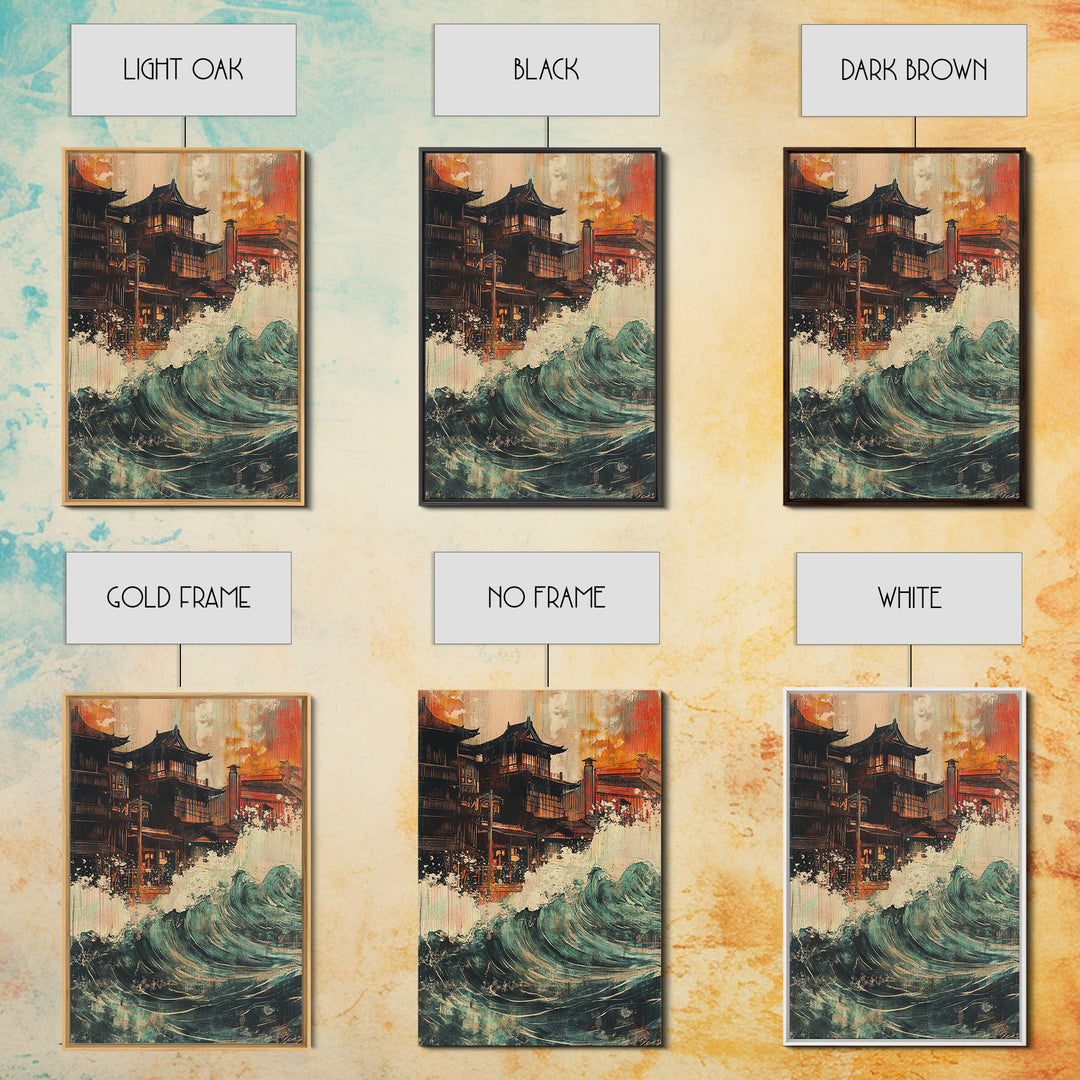 Japanese Pagoda Village With Crashing Wave Wall Art, Coastal Wall Decor, Asian Inspired Art, Dramatic Canvas Print For Living Room