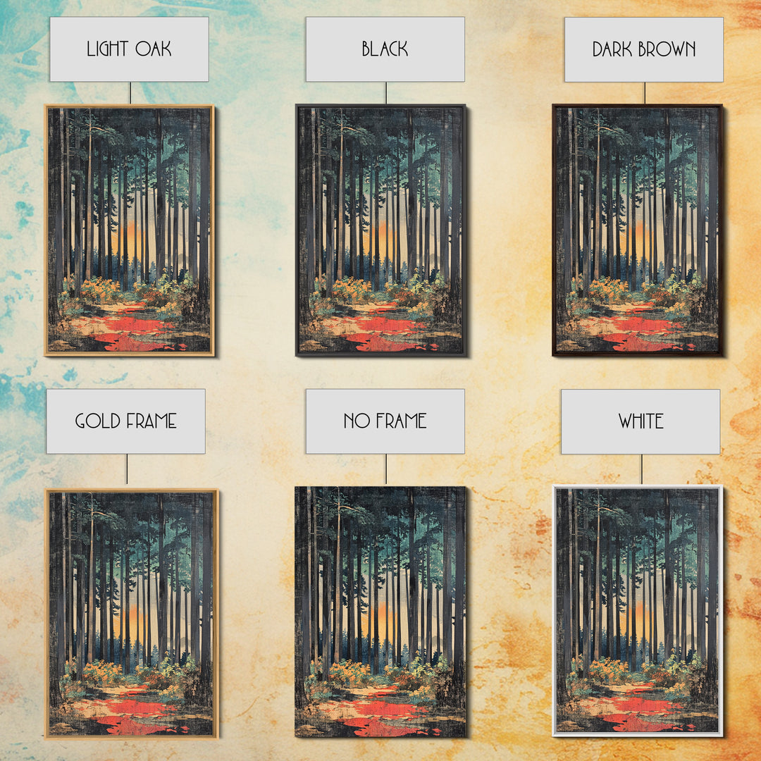 Tall Pine Forest Path At Sunset Wall Art, Nature Wall Decor, Moody Landscape Print, Woodland Canvas For Living Room Decor