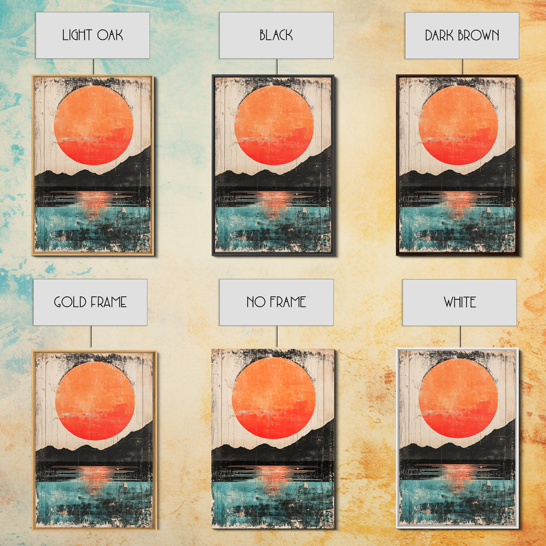 Giant Orange Sun Over Mountain Lake Wall Art, Japanese Wall Decor, Modern Landscape, Teal Canvas Print For Living Room Decor
