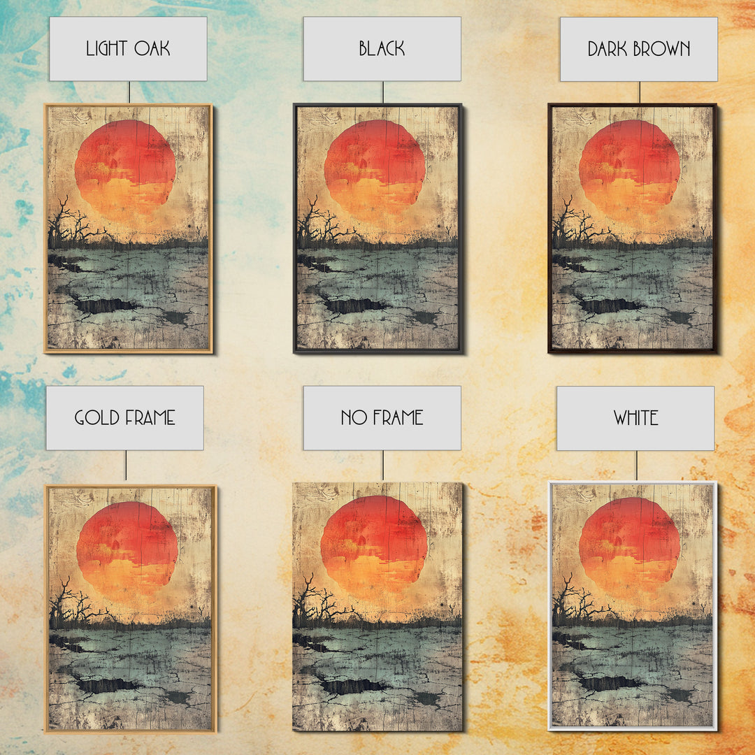 Large Orange Sun Over Barren Wetland Wall Art, Abstract Landscape, Moody Nature Print, Rustic Canvas For Living Room Decor