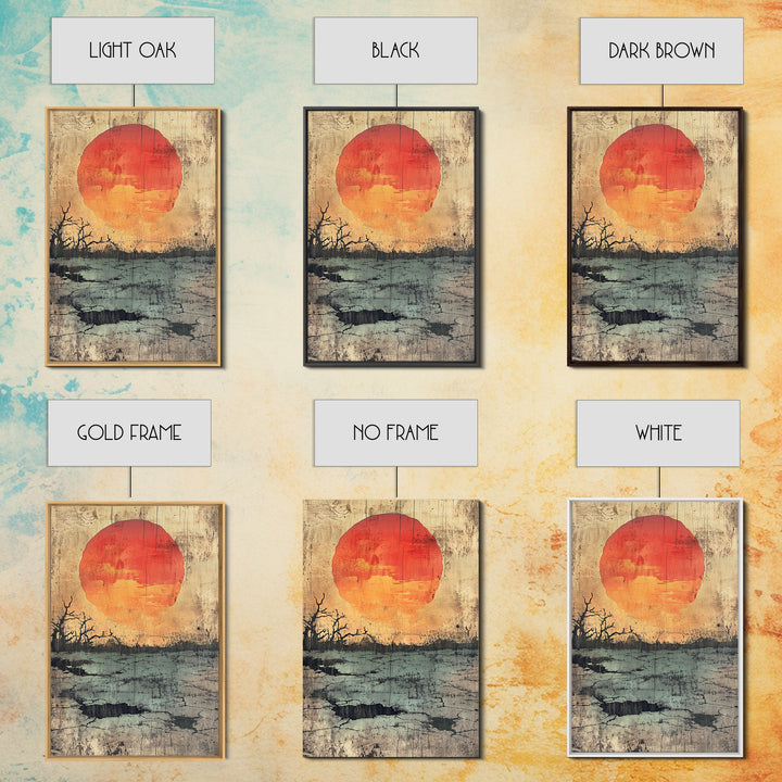 Large Orange Sun Over Barren Wetland Wall Art, Abstract Landscape, Moody Nature Print, Rustic Canvas For Living Room Decor