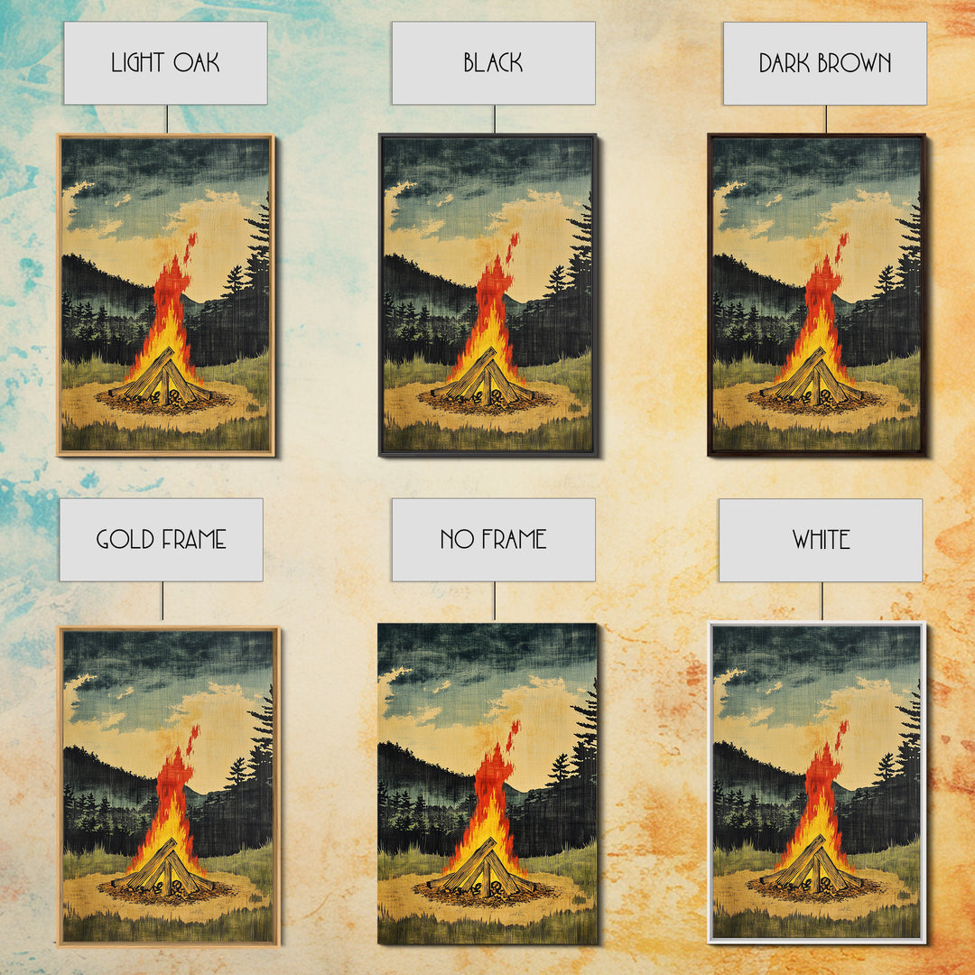 Forest Campfire At Dusk Wall Art, Rustic Cabin Landscape Canvas Print, Cozy Nature Decor For Man Cave Living Room Home Decor