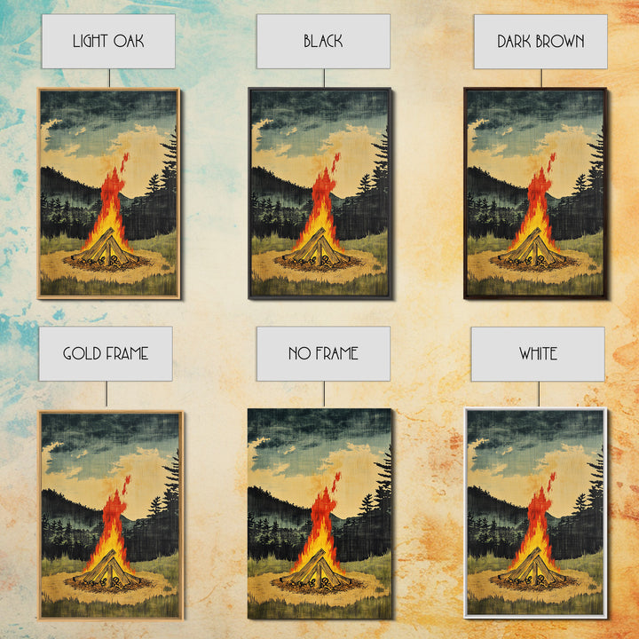Forest Campfire At Dusk Wall Art, Rustic Cabin Landscape Canvas Print, Cozy Nature Decor For Man Cave Living Room Home Decor