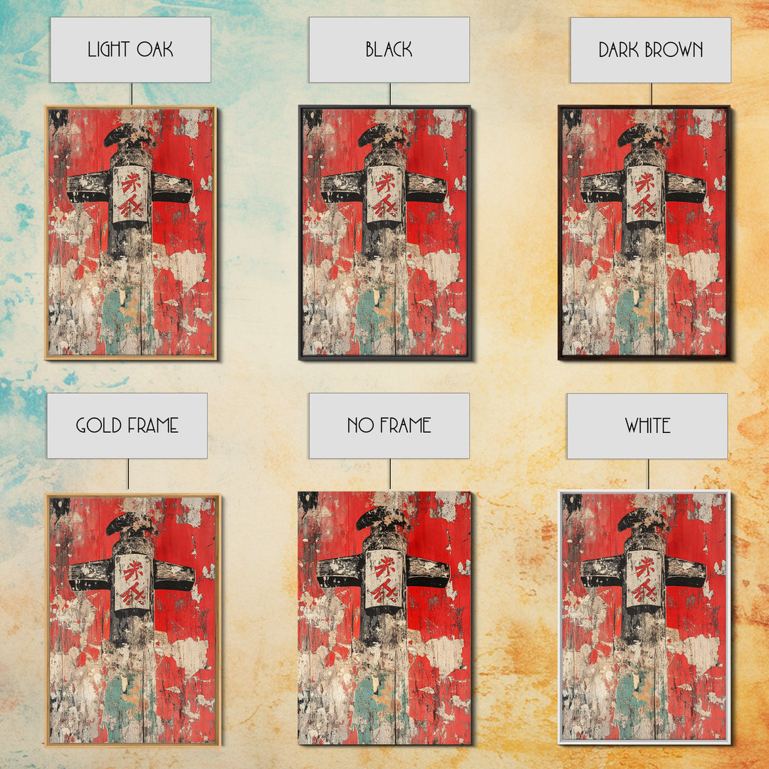 Weathered Japanese Signpost On Red Plaster Wall Art, Rustic Asian Print, Wabi Sabi Decor, Bold Entryway Canvas, Home Decor