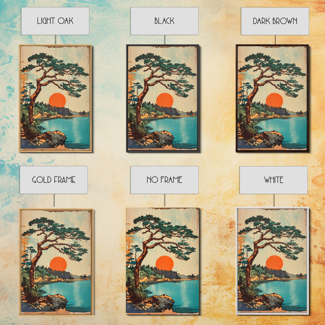 Lakeside Pine At Orange Sun Framed Canvas Print, Japanese Landscape Wall Art, Coastal Cabin Decor, Serene Nature Home Decor