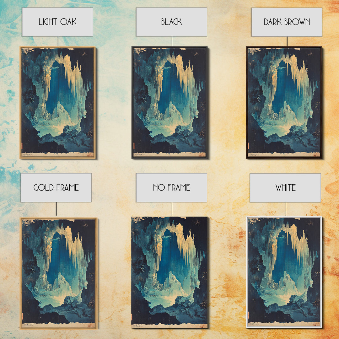 Blue Ice Cave With Glowing Cavern Lake Framed Canvas Print, Fantasy Landscape Wall Art, Moody Nature Decor, Unique Office Art