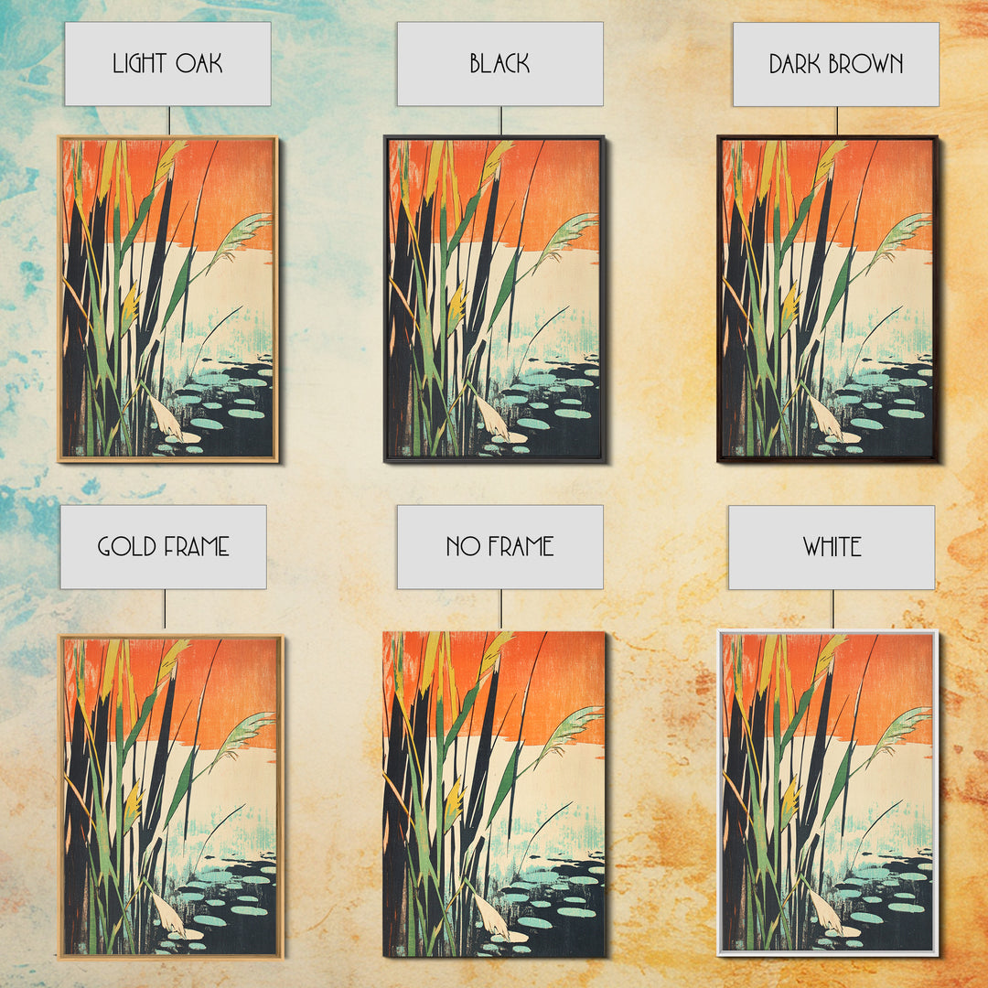 Tall Reeds Orange Sunset Canvas Print, Botanical Wall Art, Japanese Pond Landscape, Nature Decor, Serene Japandi Art Print
