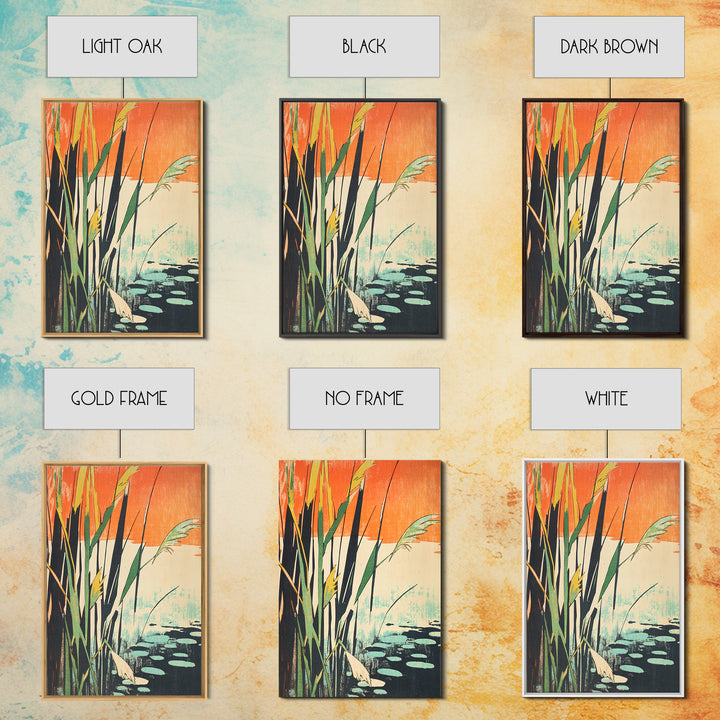 Tall Reeds Orange Sunset Canvas Print, Botanical Wall Art, Japanese Pond Landscape, Nature Decor, Serene Japandi Art Print