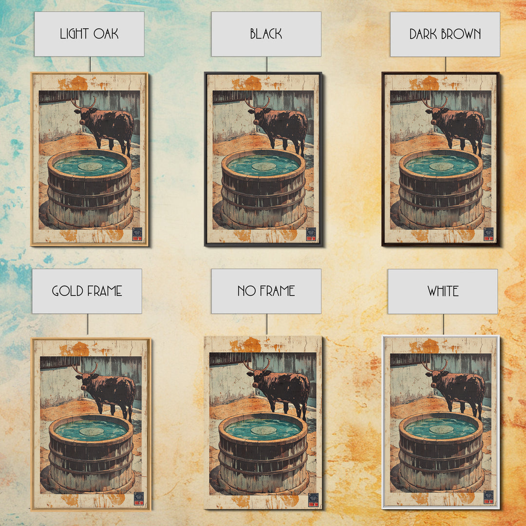 Longhorn Bull Water Trough Canvas Print, Western Wall Art, Rustic Farmhouse Decor, Ranch Animal Art, Country Wall Decor