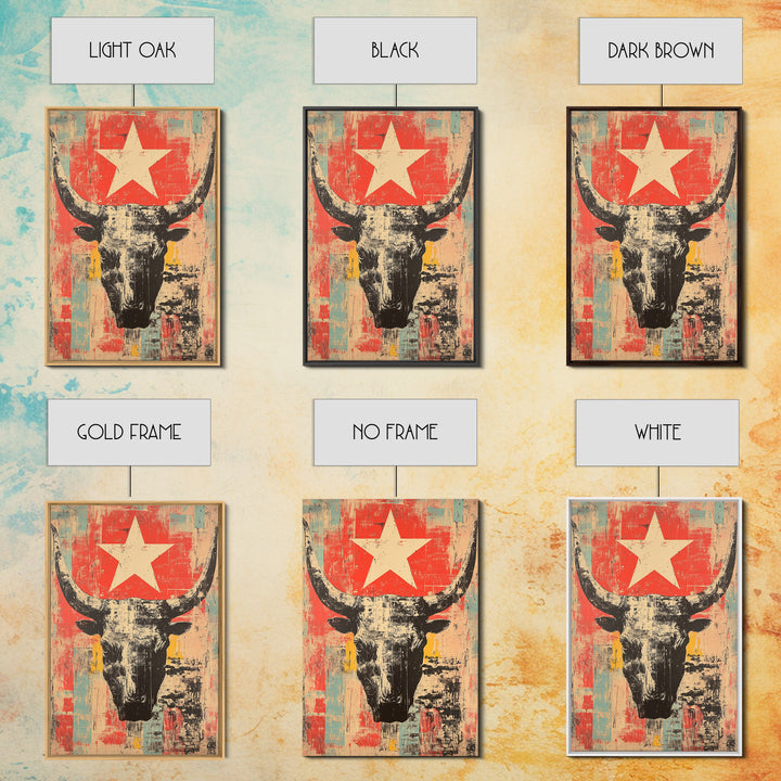 Longhorn Skull With White Star Canvas Print, Western Wall Art, Southwestern Decor, Rustic Ranch Art, Bold Living Room Decor