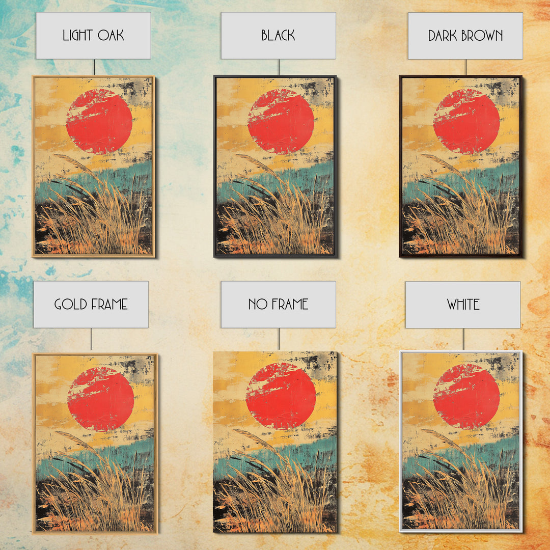 Red Sun Over Golden Reeds Canvas Print, Japanese Landscape Poster, Japandi Wall Decor, Boho Asian Inspired Home Decor, Art Print