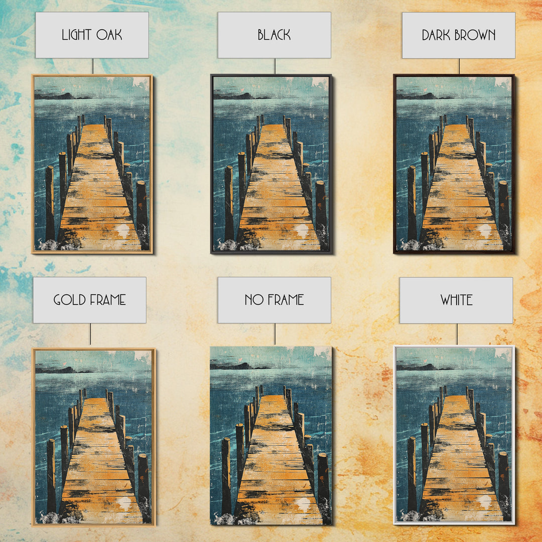 Wooden Dock Over Blue Lake Wall Art, Coastal Pier Landscape Print, Lake House Decor, Nautical Framed Canvas Print, Living Room Decor