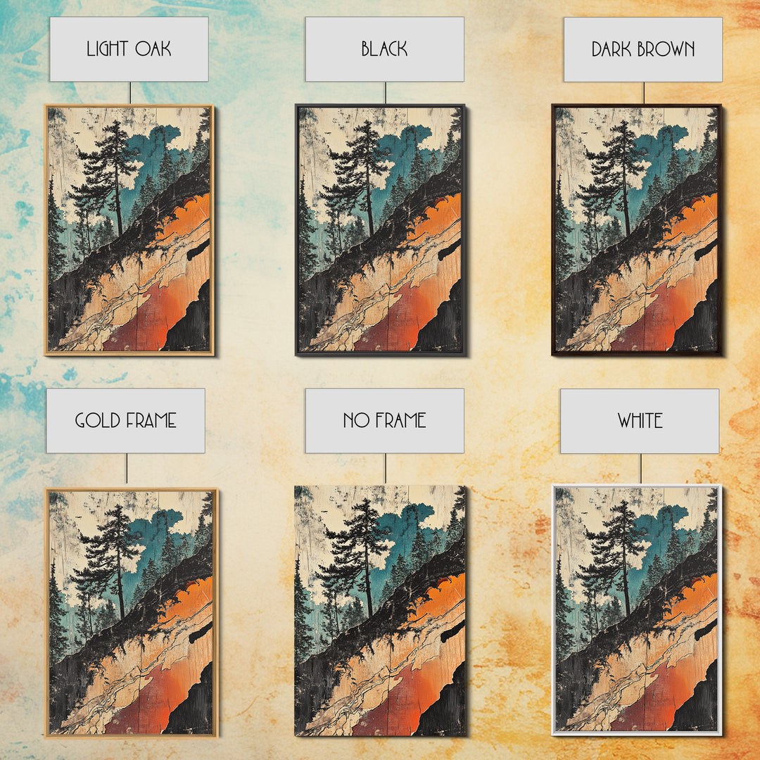 Teal Forest Cliff Abstract Landscape Wall Art, Japanese Woodblock Canvas Print, Rustic Nature Decor, Modern Living Room Decor