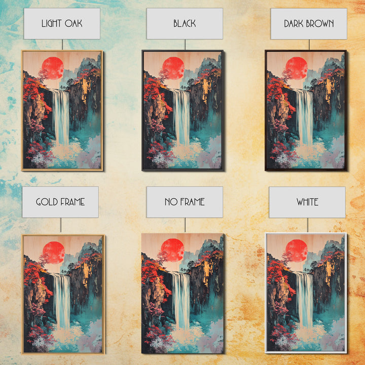 Red Sun Waterfall Mountain Landscape Wall Art, Japanese Woodblock Print Style, Teal Coastal Decor, Zen Living Room Art Print
