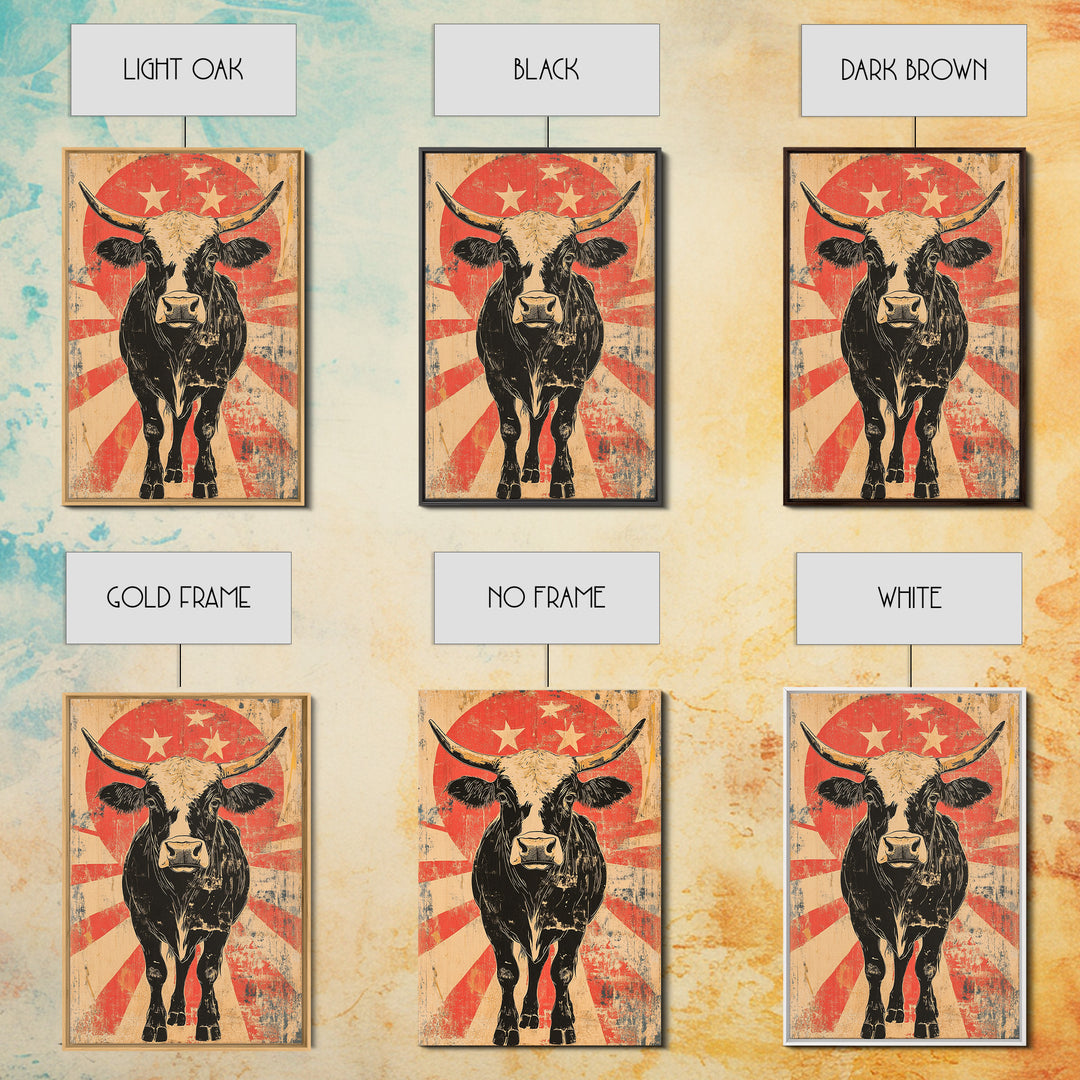 Black Longhorn Bull Retro Western Wall Art, Rustic Farmhouse Cowboy Canvas Print, Bold Animal Print, Man Cave Home Decor, Gift For Him