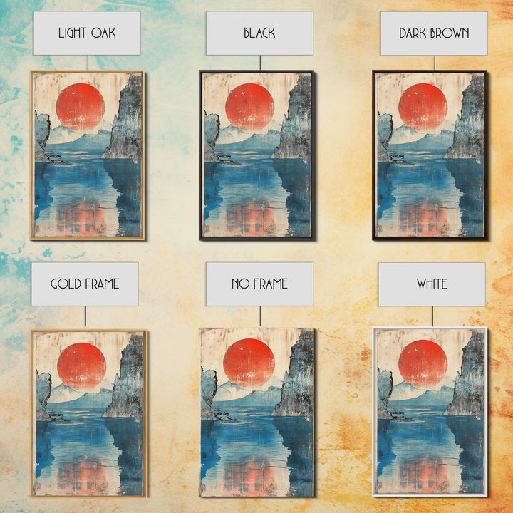Red Sun Blue Mountain Lake Wall Art, Japanese Woodblock Style Canvas Print, Calm Coastal Landscape Decor For Living Room
