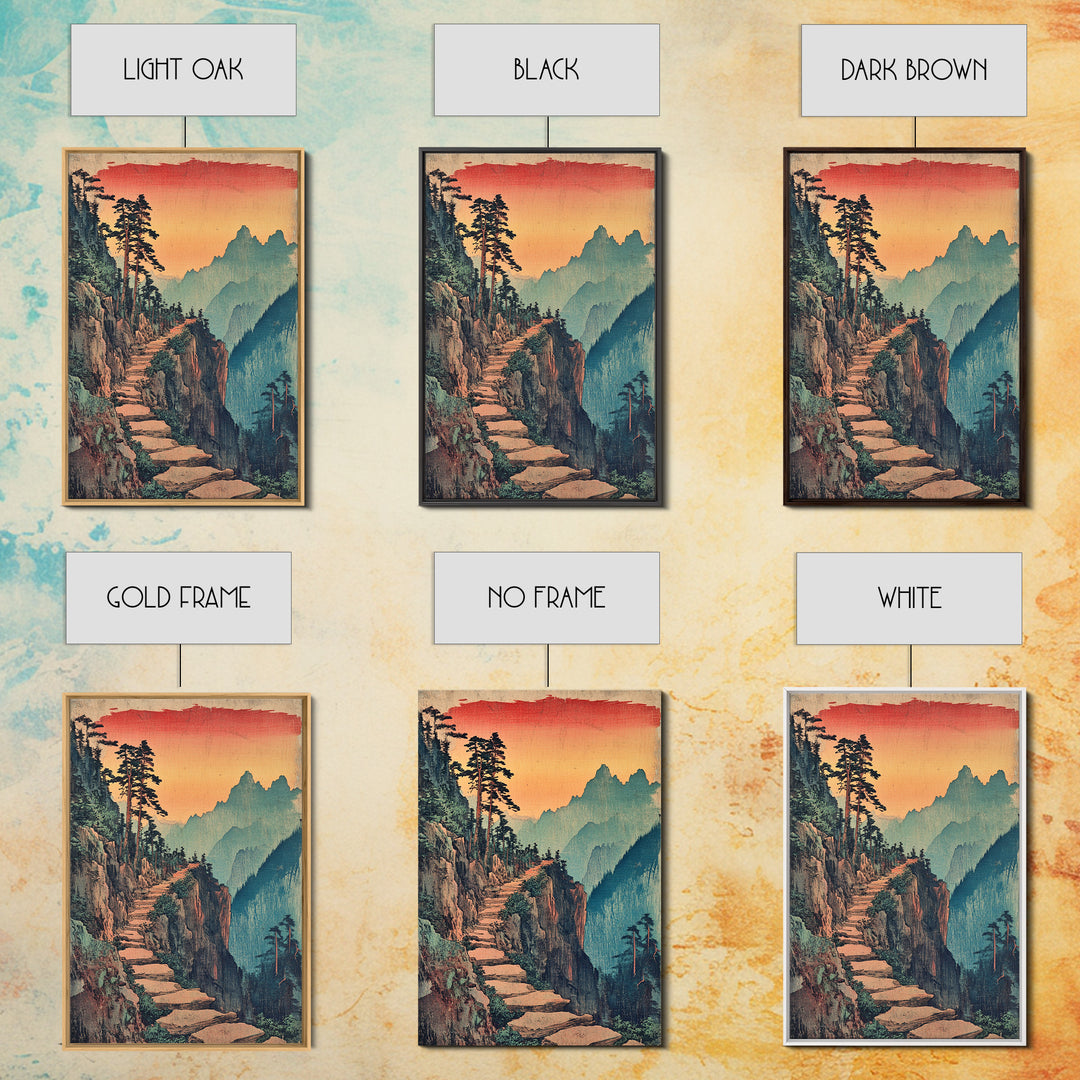 Sunset Mountain Path Pine Forest Wall Art, Japanese Woodblock Landscape Canvas Print, Rustic Nature Decor For Living Room
