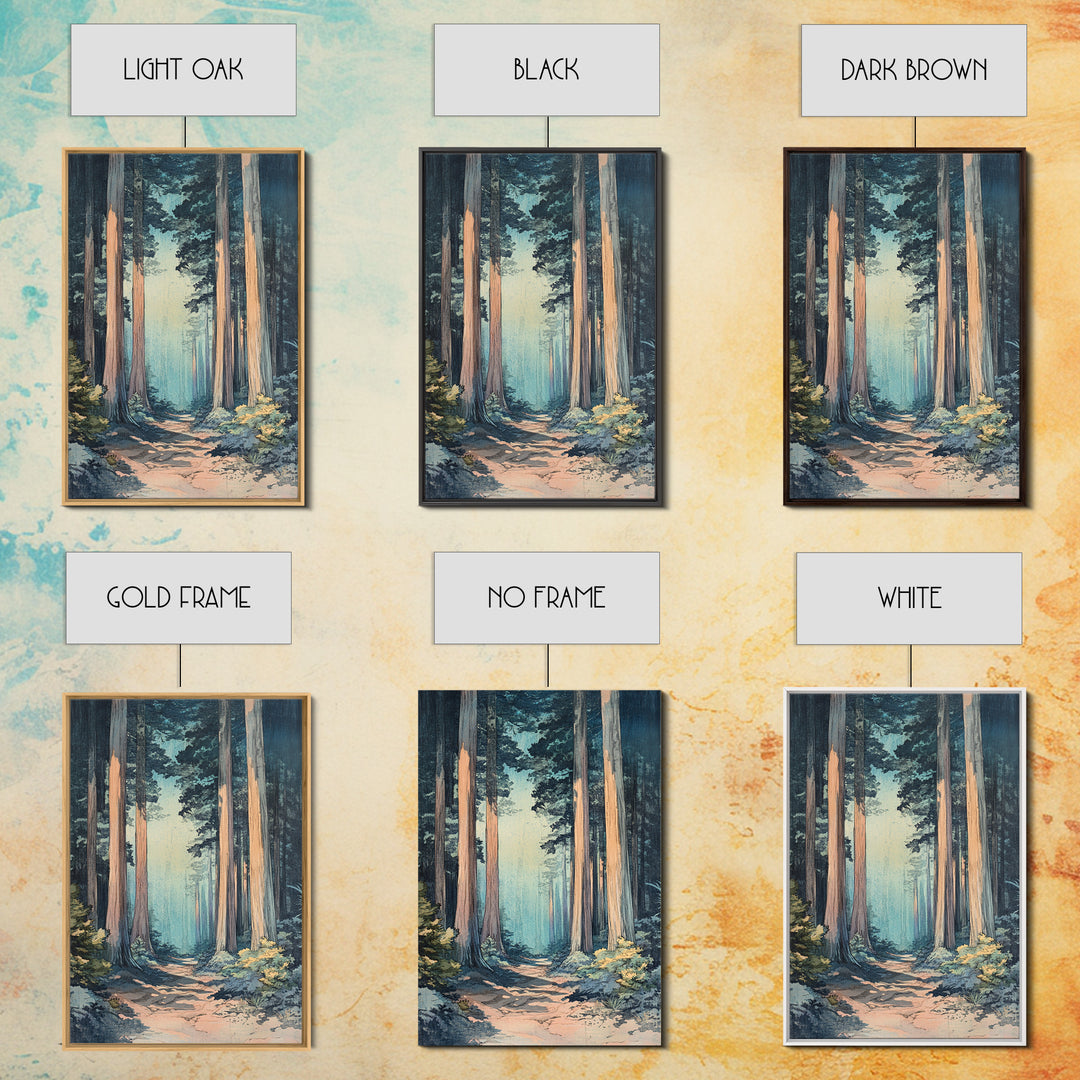 Misty Redwood Forest Path Wall Art, Tall Tree Nature Print, Moody Woodland Decor, Japandi Living Room Canvas Print For Entryway