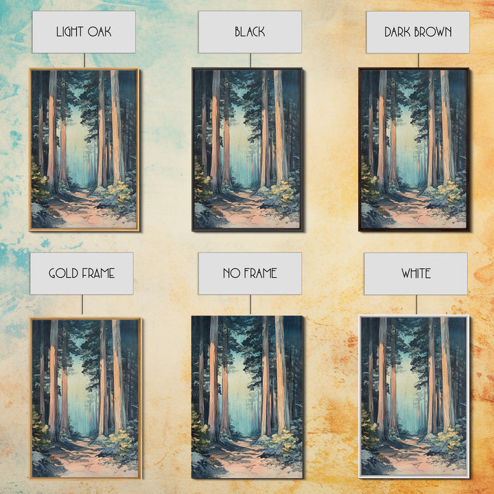 Misty Redwood Forest Path Wall Art, Tall Tree Nature Print, Moody Woodland Decor, Japandi Living Room Canvas Print For Entryway