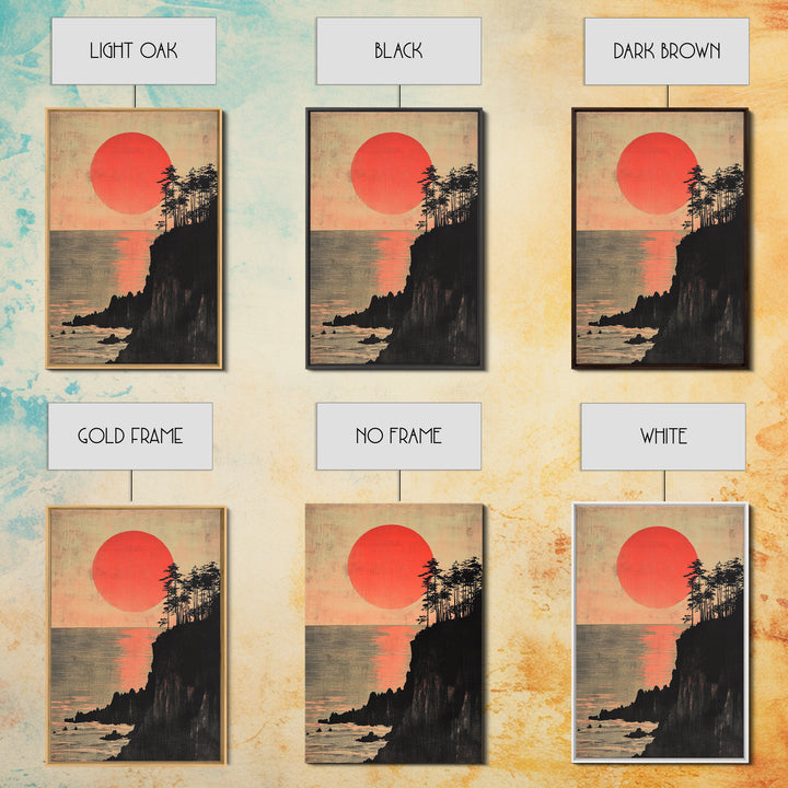 Crimson Sun Over Ocean Cliffs Wall Art, Japanese Coastal Poster, Moody Seascape Decor, Large Framed Canvas Print For Living Room