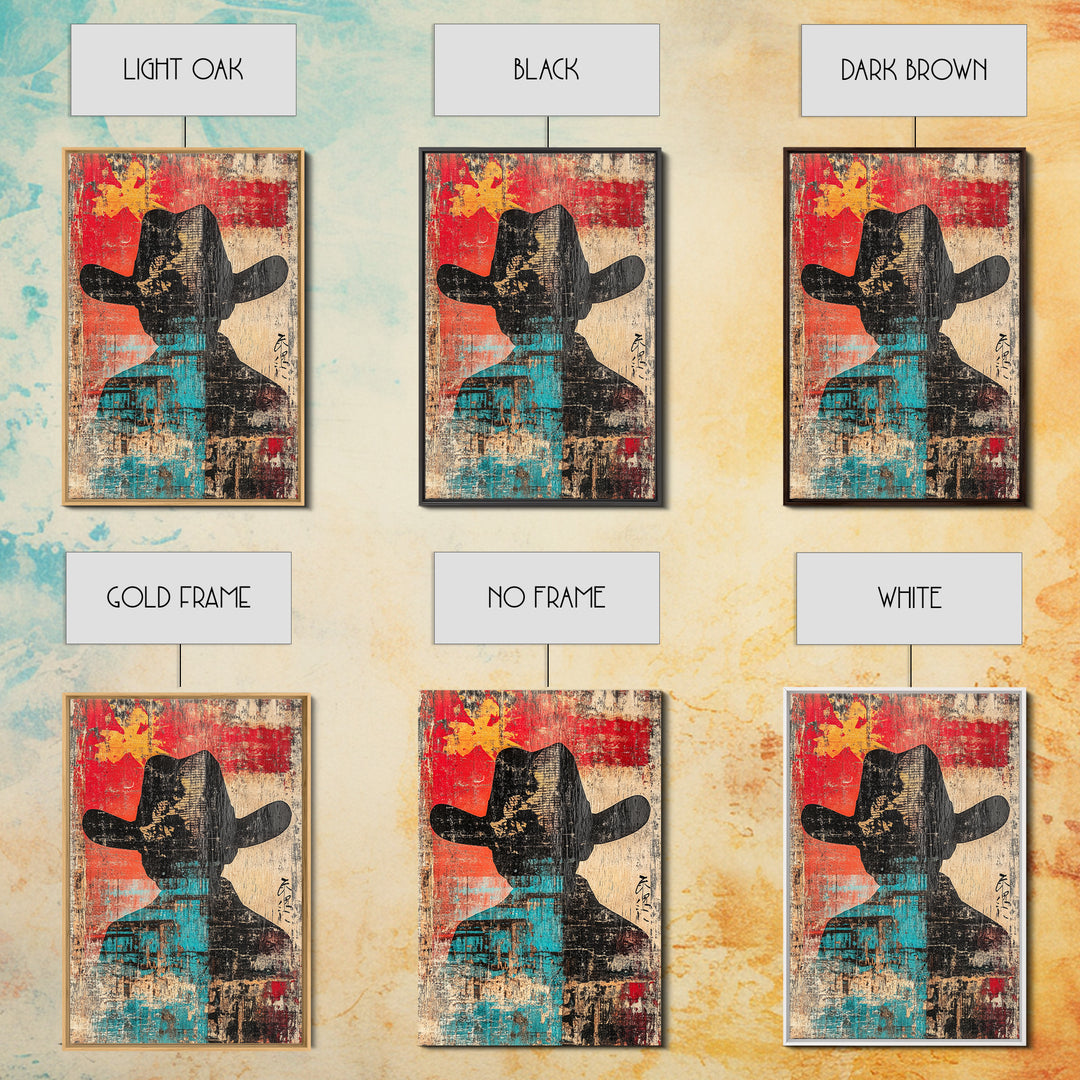 Abstract Cowboy Silhouette Wall Art, Western Canvas Print, Bold Red Teal Rustic Decor, Masculine Southwest Living Room Art