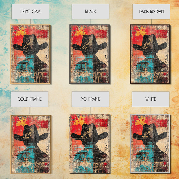 Abstract Cowboy Silhouette Wall Art, Western Canvas Print, Bold Red Teal Rustic Decor, Masculine Southwest Living Room Art