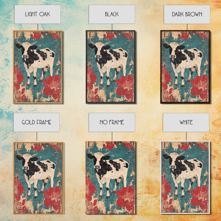 Black And White Cow Wall Art, Floral Farmhouse Canvas Print, Rustic Animal Decor, Teal Red Kitchen Living Room Art, Home Decor