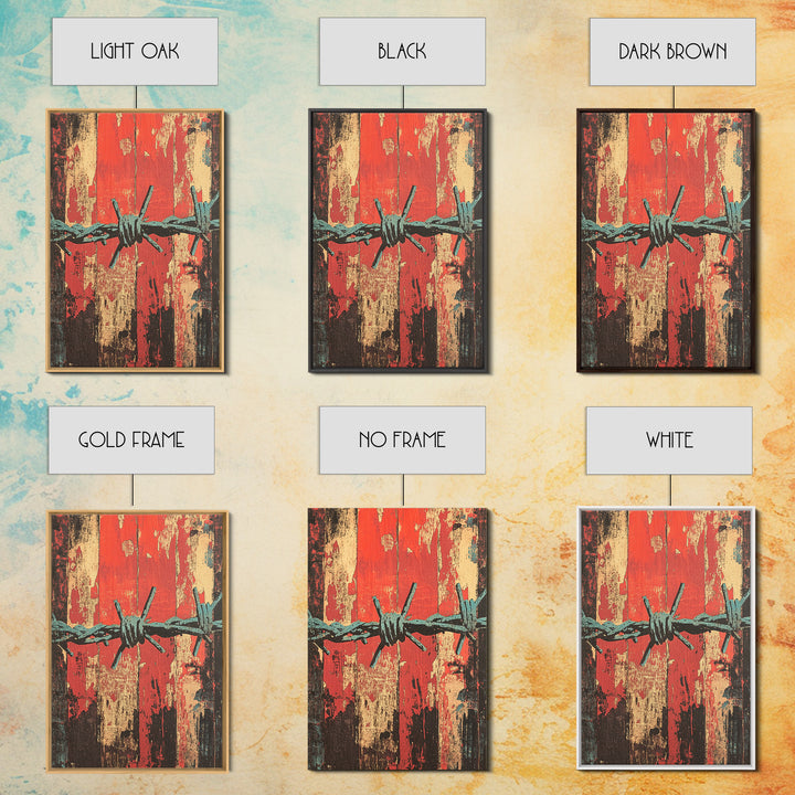 Barbed Wire Abstract Wall Art, Grunge Western Canvas Print, Red Teal Industrial Decor, Bold Rustic Statement Art For Office Decor