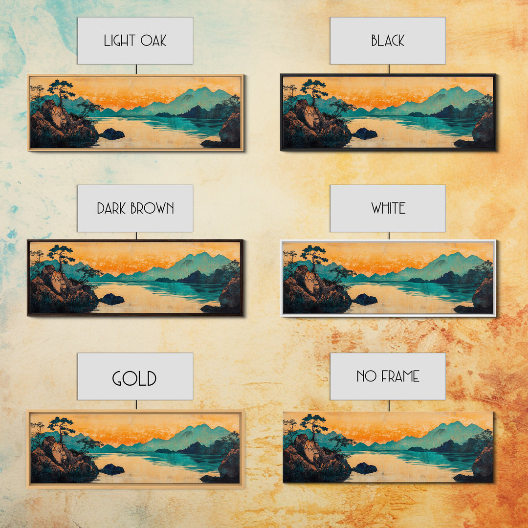 Teal Mountain Lake Japanese Landscape Wall Art, Panoramic Canvas Print, Asian Inspired Decor, Serene Living Room Decor, Housewarming Gift