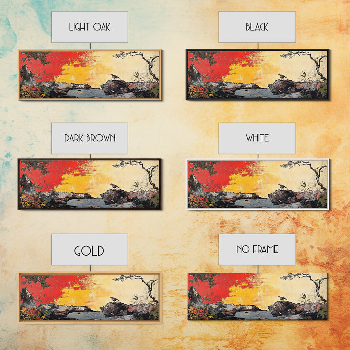 Crow On Rocky Japanese Garden Wall Art, Red Sunset Landscape Print, Asian Inspired Decor, Large Horizontal Canvas For Living Room