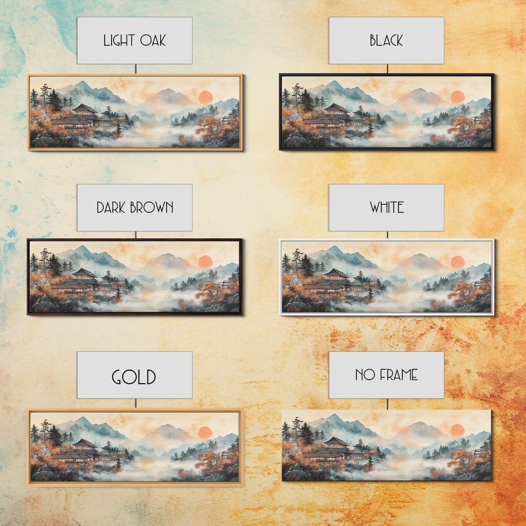 Misty Mountain Temple Framed Canvas Print, Japanese Landscape Art, Zen Lake Wall Decor, Panoramic Living Room Decor Gift