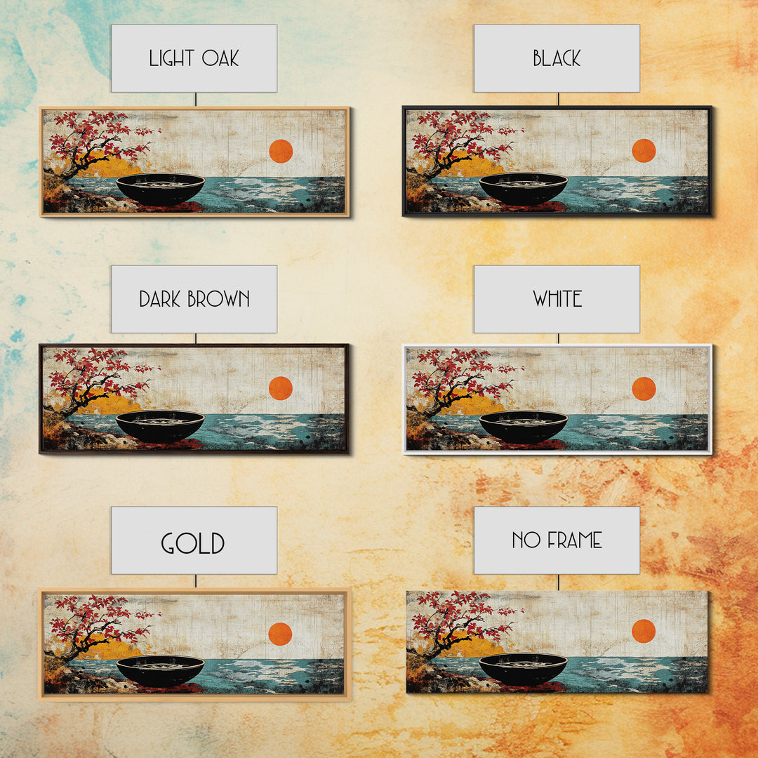 Zen Bowl By Ocean With Red Sun Framed Canvas Print, Japanese Coastal Wall Art, Cherry Blossom Decor, Meditation Room Art