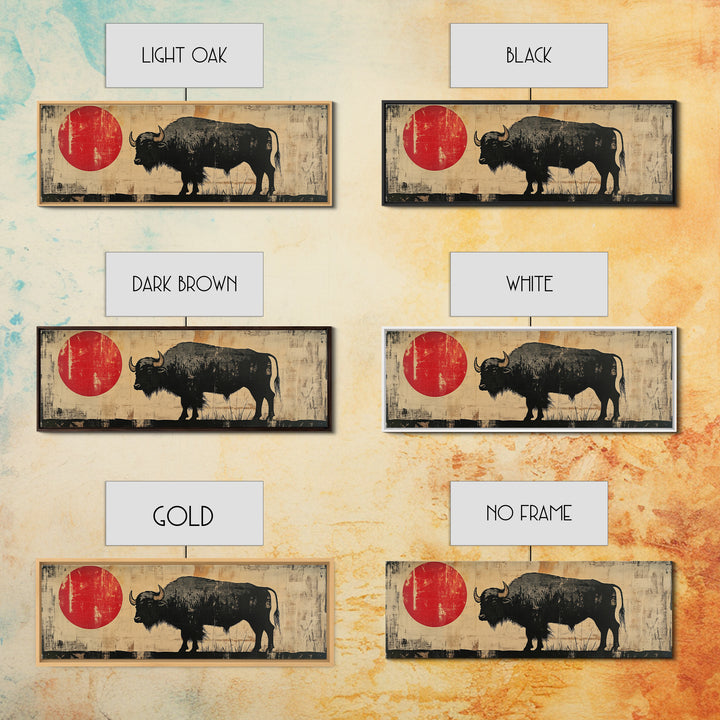 Black Bison Red Sun Framed Canvas Print, Western Wall Art, Rustic Home Decor, Large Horizontal Living Room Art, Gift For Him
