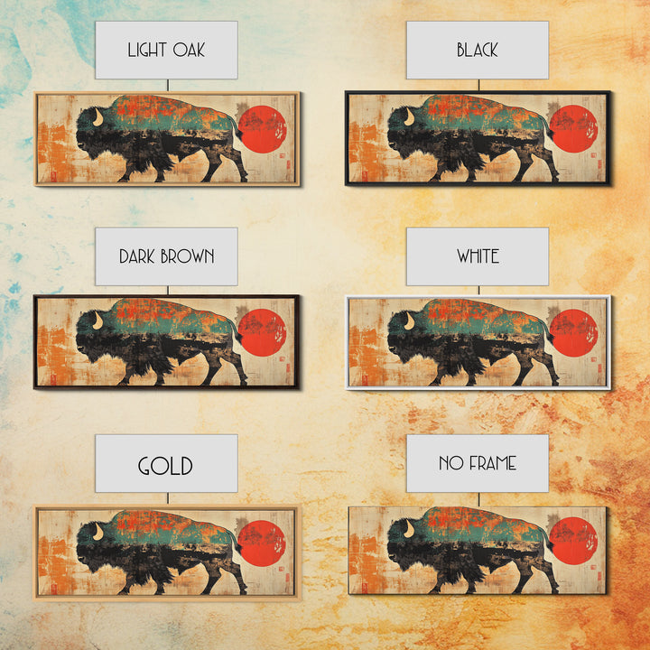 Turquoise Bison Red Sun Canvas Print, Southwestern Wall Art, Western Home Decor, Rustic Statement Living Room Art, Large Wall Decor